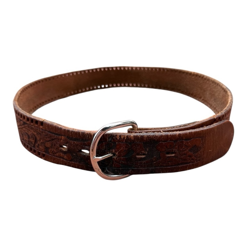 Leather Western-Style Embossed Belt With Silver Metal Buckle - Size 34